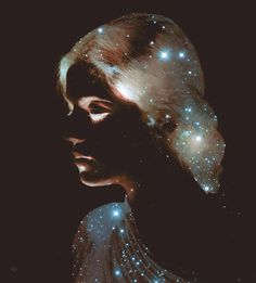 an image of a woman's face with stars in the sky above her head