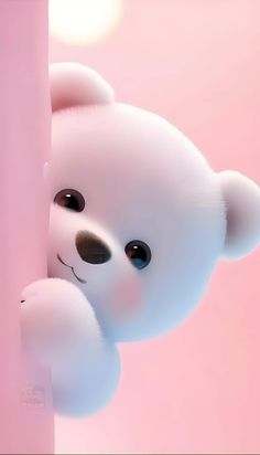 a white teddy bear peeking out from behind a pink wall