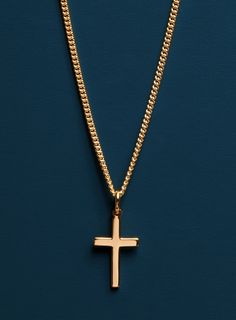 "Vermeil Gold Cross on 14k Gold Filled Curb Chain BY WE ARE ALL SMITH $169.00 Minimalist Vermeil Gold Cross Pendant on 14K Gold Filled Rope Chain. Cross: Vermeil Gold Chain: 14K Gold FILLED Cross: 24mm x 13mm Chain: 2 mm Clasp: Lobster Claw Available in 18, 20, 22, 24, 26, 28 and 30 inches (Choose length from drop down menu) Made in the USA About \"Gold Filled Jewelry\": Also called rolled-gold. These jewelry items are not actually filled with gold. They are made of a base metal covered by sheet Joss Mooney, Cross Pendant Men, Mens Cross Necklace, Silver Cross Necklace, Sterling Silver Cross Necklace, Gold Chain Design, Curb Chain Necklace, Sterling Silver Cross Pendant, Mens Gold Jewelry