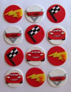 cars cupcake toppers with lightning bolt on them