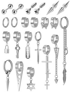 PRICES MAY VARY. EARRING PACK: one order include 6 pairs earrings, 10Pcs dangle earrings, different styles and shapes, include barbell/screw/huggie hoop/dangle/lock&key/star/feather hinged earrings and etc. various styles meeting your daily life HIGH QUALITY MATERIAL: made of stainless steel, environmentally friendly material, highly polished finishing and strict metal electroplating craft create super smooth and shiny surface, comfortable to wear PERFECT DESIGN: 18 Gauge(1mm) thickness , the st Hinged Earrings, Earring Pack, Earrings Punk, Friends Party, Stainless Steel Earrings, Long Chain, Love Design, Piercing Jewelry, Exquisite Design