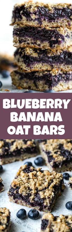 blueberry banana oat bars stacked on top of each other with the text overlay