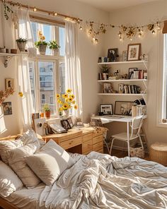 an unmade bed with white sheets and pillows in a bedroom next to a window