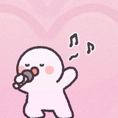 a cartoon character singing into a microphone with music notes coming out of his mouth and behind him is a heart