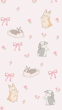 an image of rabbits and flowers on a pink wallpaper background with bow ties in the corner