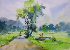 a watercolor painting of people walking down a dirt road near a tree and grass field