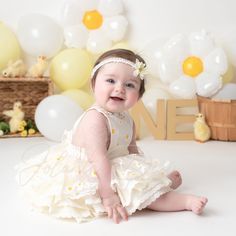 Daisy Birthday Dress, 1st Birthday Photoshoot Daisy Theme, Daisy First Birthday Photoshoot, Daisy Photoshoot, Photoshoot Girly, Daisy First Birthday, Daisy Theme, Random Products, Monthly Baby Pictures