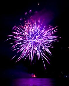 purple fireworks are lit up in the night sky