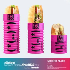 three pink plastic containers with food in them and the words eat go written on each one