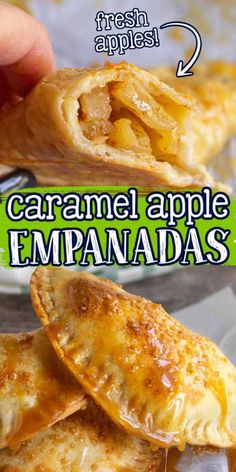 an image of caramel apple empanadas on a plate with text overlay