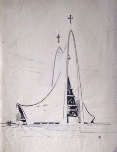 this is a drawing of a sailboat in the water with three crosses on it