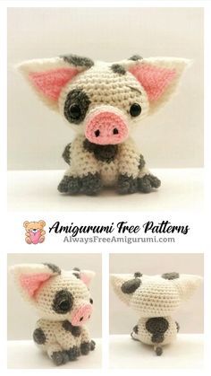 an amigurma pig stuffed animal sitting on top of a white table next to another photo