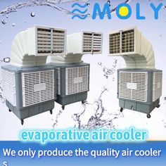 three evaporative air coolers sitting on top of a blue background with water