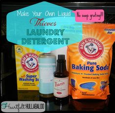 the ingredients to make laundry detergents are displayed on a counter with labels above them