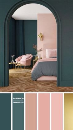 a bedroom with pink and green walls, gold accents and wood flooring in the middle