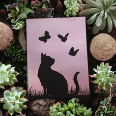 a cat sitting in the grass next to some succulents and butterflies on a pink background