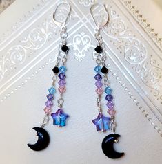 Moon and Star Swarovski crystal, onyx and silver earrings Earrings With Crystals, Dangly Earrings Diy, Cheap Handmade Celestial Earrings, Easy Jewelry Diy, Star Wire Earrings, Star-shaped Beaded Earrings With Ear Wire For Gifts, Handmade Celestial Dangle Earrings, Mystical Moon Charm Dangle Crystal Earrings, Whimsical Moon-shaped Handmade Earrings