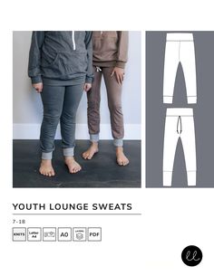 two people standing next to each other in front of a white wall with the words youth lounge sweats on it