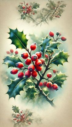 a painting of holly with red berries and green leaves