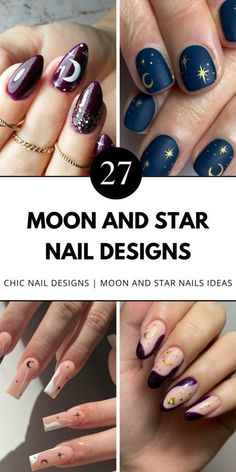 Find simple crescent moon nail designs in blue, purple, pink, and gold. Perfect for short nails and minimalist styles. Save this pin to your nail art board and check out the article for more ideas. Moon And Star Nail Designs, Purple Moon, Star Nail Art