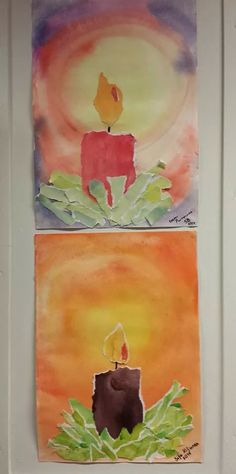 two paintings with candles in them on the wall