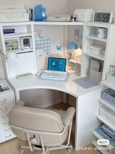 a white desk with a laptop computer sitting on top of it