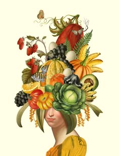 a woman with fruit and vegetables on her head