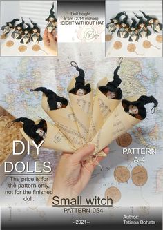 the pattern is for small witch dolls and they are made out of old book pages