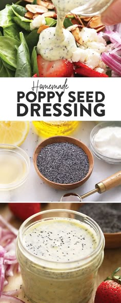 homemade poppy seed dressing recipe in a jar with fresh vegetables and seasoning on the side