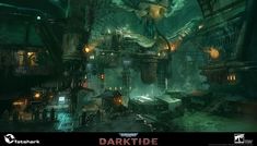 the interior of a darkside city with lots of lights and machinery in it's center