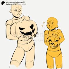 an image of two cartoon characters holding pumpkins