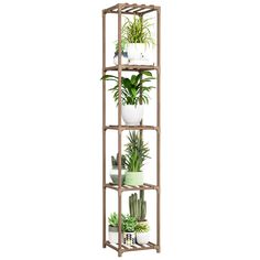 a tall wooden shelf filled with potted plants