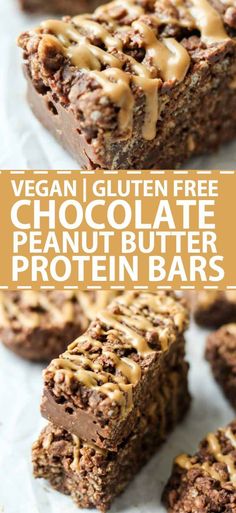 vegan gluten - free chocolate peanut butter protein bars are stacked on top of each other