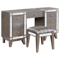 an image of a vanity with stool and mirror on the top shelf in grey color