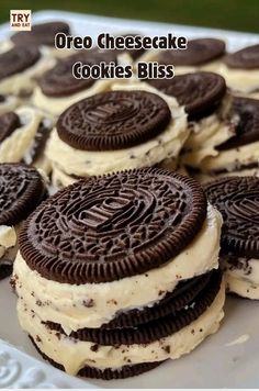 oreo cheesecake cookies are arranged on a plate