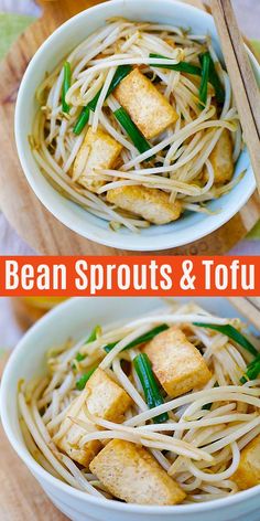 two pictures of noodles and tofu in a bowl with chopsticks on the side