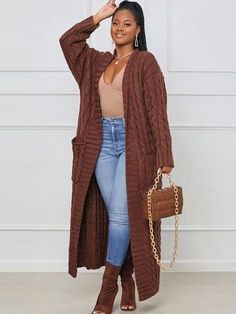 Long Brown Knit Sweater, Women Winter Outfits, Brown Outfits, Winter Knit Sweater, Gilet Long, Longline Cardigan, Winter Vest, Open Front Sweater, Estilo Chic