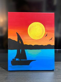 a painting of a sailboat in the ocean at sunset