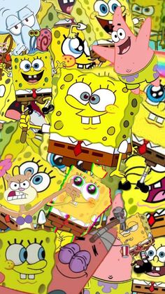 the spongebob characters are all grouped together in an image that appears to be very colorful