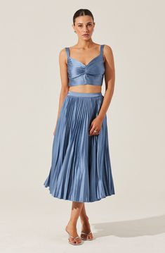 Pleated satin midi skirt Fully lined, elastic waistband Concealed zipper at side seam, hook & eye closure Self: 95% Polyester, 5% Elastane / Lining: 100% Polyester Dry clean only Style #ALS31142 Satin Pleated Skirt, Satin Midi Skirt, Astr The Label, Mini Dress Shop, Pleated Midi Skirt, Slate Blue, Hook Eye, S Models, Pleated Skirt