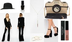 a collage of women's clothing and accessories including shoes, handbag, lipstick, hat, nail polish