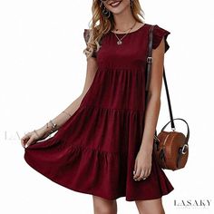 Lasaky - Solid Color Round Neck Short Sleeve Casual Dress with Pleated Ruffle Hem Ruffle Layered Dress, Cake Dress, Tiered Dresses, Tiered Ruffle Dress, Maroon Dress, Dress Cake, Cap Dress, Solid Color Dress, Daily Dress