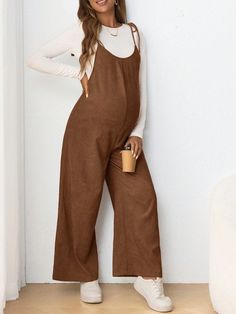 Maternity Casual Spaghetti Strap Bow Long Jumpsuit Mocha Brown Casual  Sleeveless Woven Fabric Plain Cami Non-Stretch  Maternity Clothing, size features are:Bust: ,Length: ,Sleeve Length: Maternity Scrubs Outfit, Fall Outfits Maternity, Overall Maternity Outfit, Shein Maternity, Casual Maternity Shoot Overalls, Maternity Outfits, Overalls For Pregnant Women, Maternity Jumpsuit