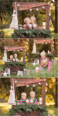 a collage of photos showing two children in front of a christmas tree and decorations