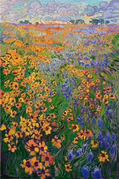 an oil painting of flowers in a field