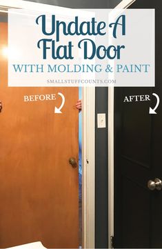 the before and after photo of an updating door with molding and paint on it