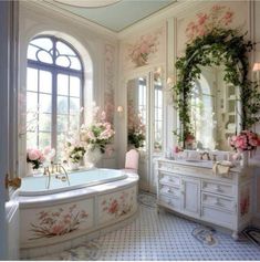 an ornate bathroom with pink flowers on the walls and white tub in front of large windows