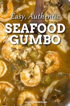 seafood gumbo soup in a pot with a wooden spoon and title overlay reads easy, authentic seafood gumbo