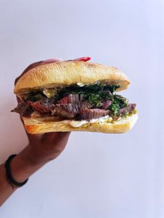 a hand holding a sandwich with meat and greens