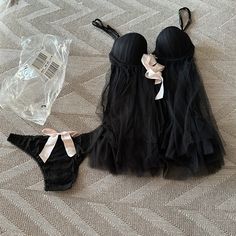 New Never Worn Super Cute With Tulle And Pink Ribbon Open To Reasonable Offers Top 32c Bottom Xs Early 2000s Fashion, Black Ballet, Silk Pajama Set, Swaggy Outfits, Pink Ribbon